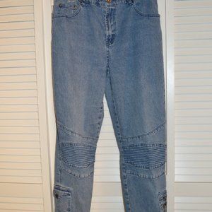 Diane Gilman Chambray Moto style jeans size 10 a with snap and zipper pockets.